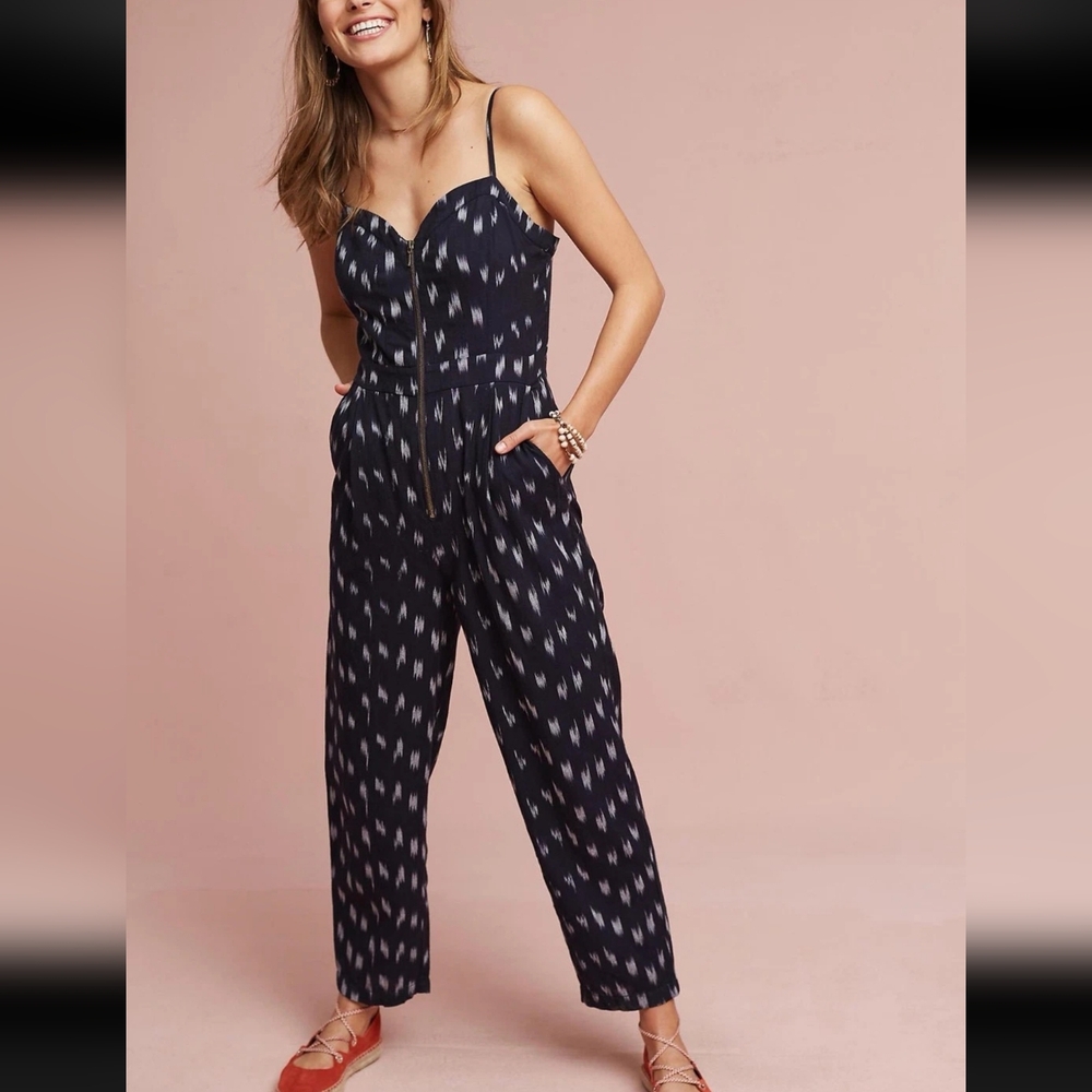 NWT Anthropologie Elevenses Womens Blue Ikat-zip Front Jumpsuit Size 2 $138